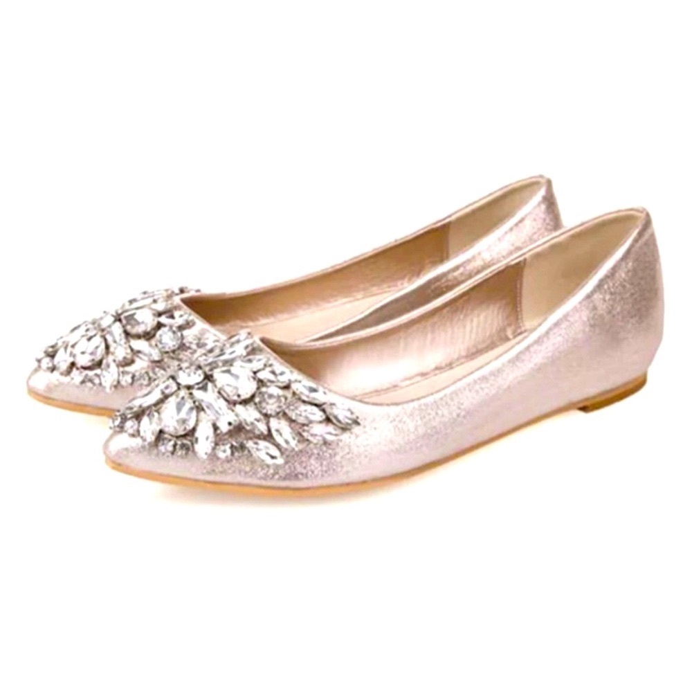 Metallic Flats Embellished Rhinestones 40/(7 1/2) Silver Pointed Toe Glam